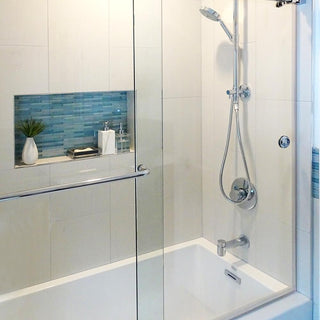 Recessed shower nook featuring Muse Vibrato Blue Eyes Blend